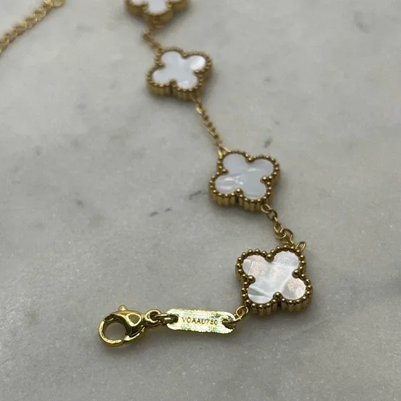 White Clover Station Bracelet Gold Tone Adjustable Mother of Pearl New Jewelry - Picture 3 of 4